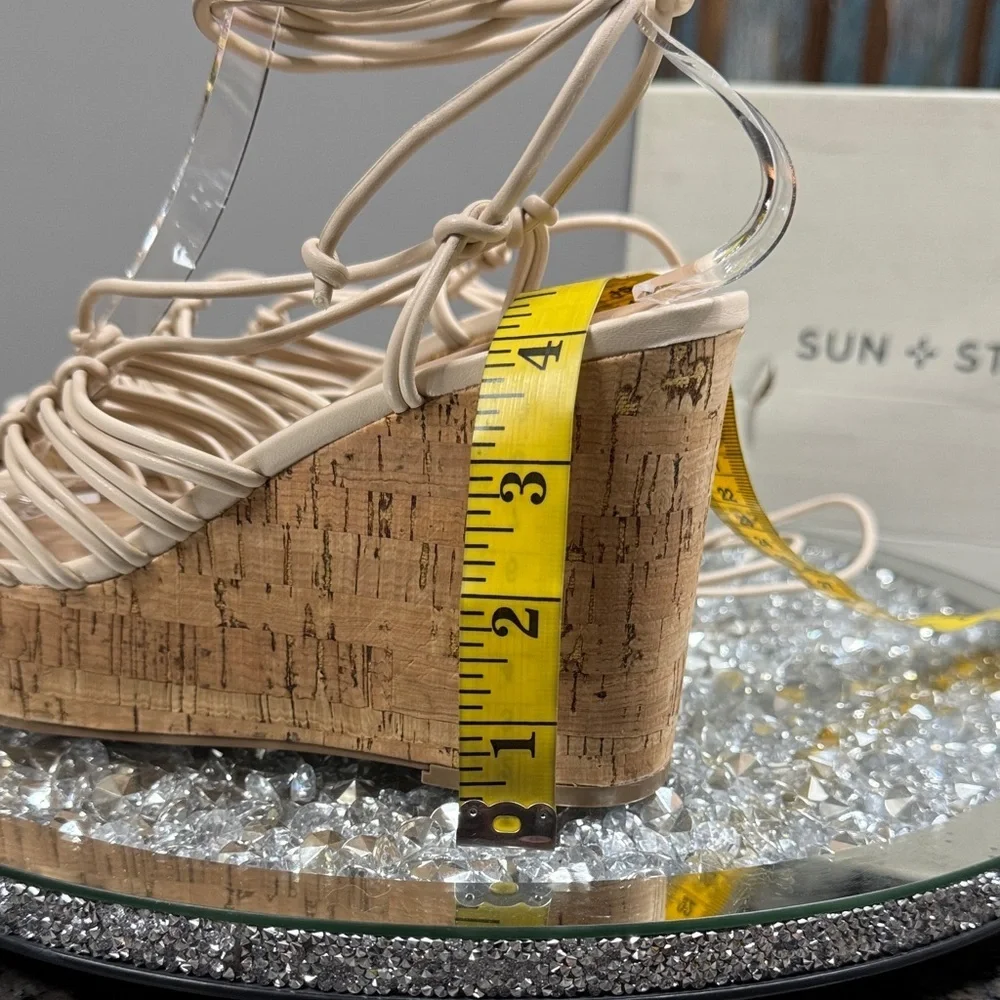 Sun + Stone eggshell Tilly Beige Strappy Lace Up cork Wedge Sandals NEW 7.5